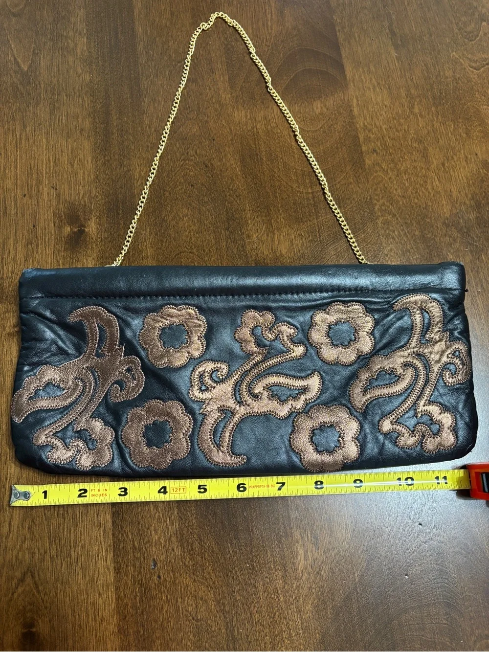 Women's Black Leather Clutch with Brown Floral Embroidery